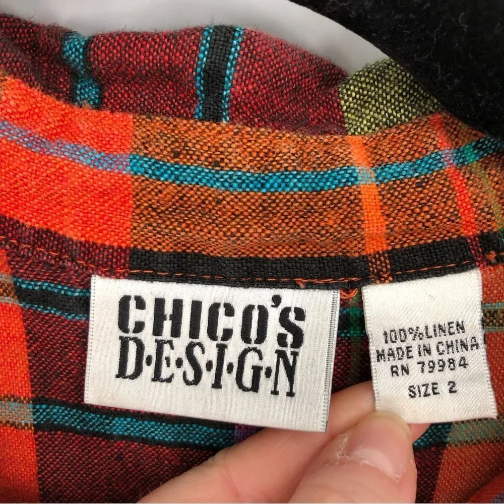 Vtg Chico’s Shirt Womens Large 100% Linen‎ Orange Plaid Button Front 3/4 Sleeve